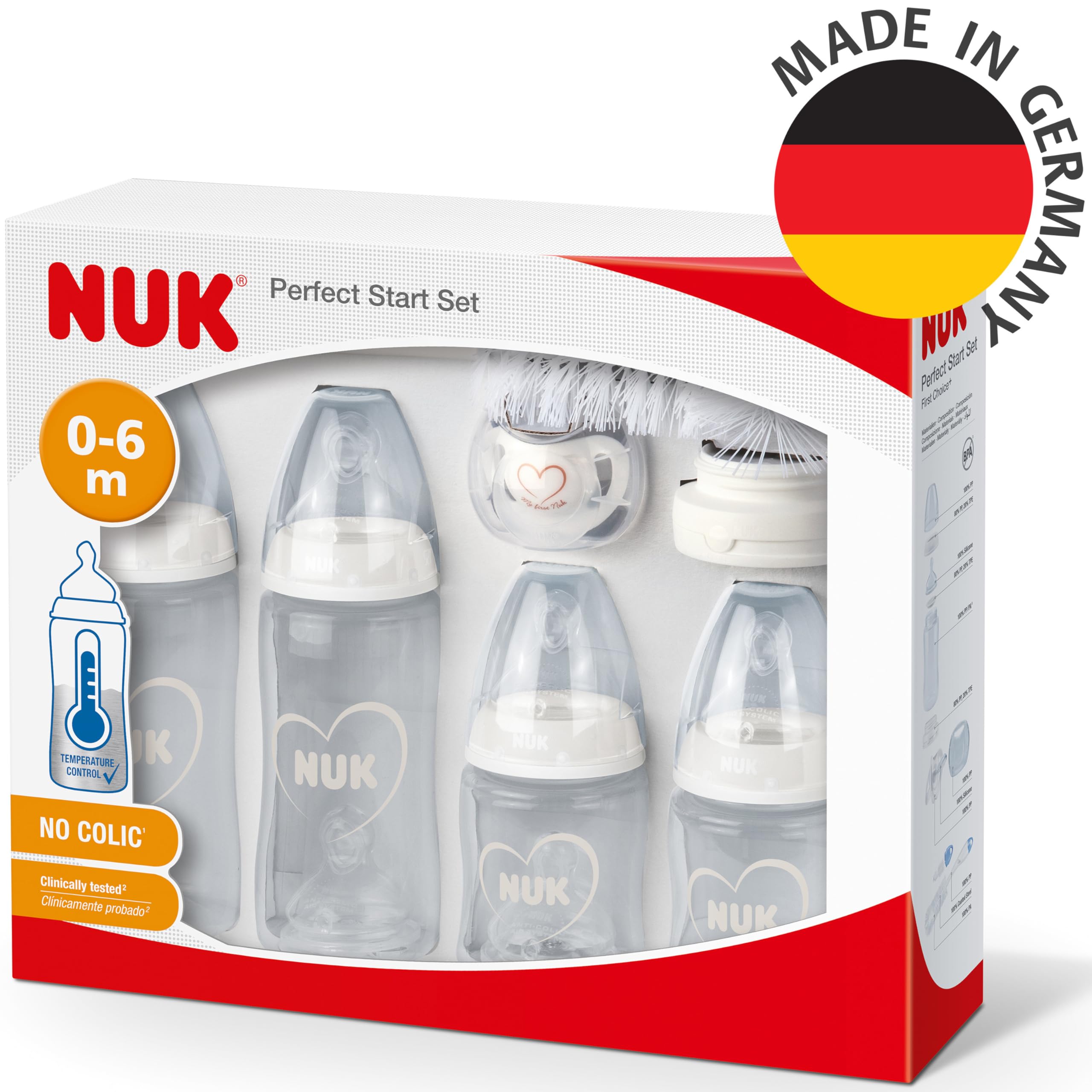 NUK Perfect Start First Choice+ Babyflaschen-Set | 0–6 Monate | 4 x Flaschen mit Temperaturkontrolle, Schnuller, Flaschenbürste & mehr | BPA-frei | grau & weiß | 10-teilig