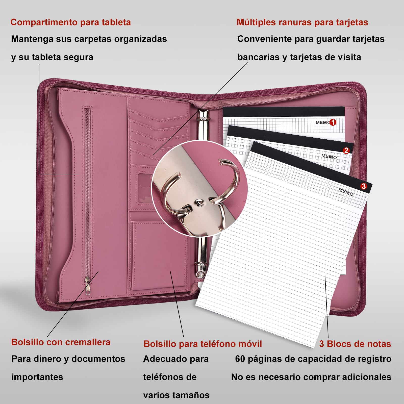 Leathario Carpeta de Conferencias A4 con Carpeta, Carpeta de Documentos para Viaje con 3 cuadernos y 10 páginas de índice transparente