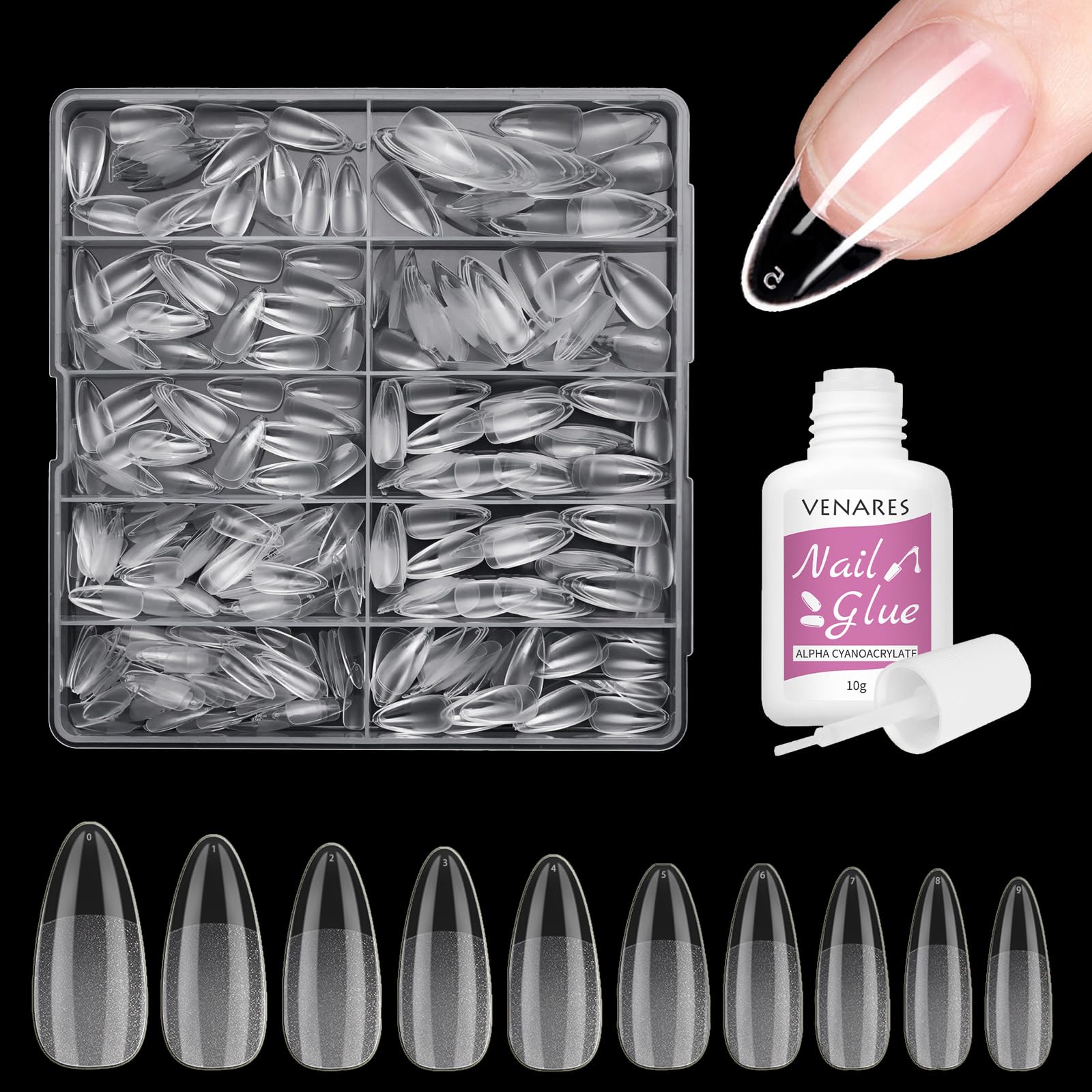 Uñas Postizas Almendra, Venares 500 Piezas Tips Uñas Acrilicas Postizas 12 Tamaños Tips Uñas Postizas Gel, Kit Uñas Postizas y Pegamento de Uñas para Niñas Salones Uñas, Manicuras DIY