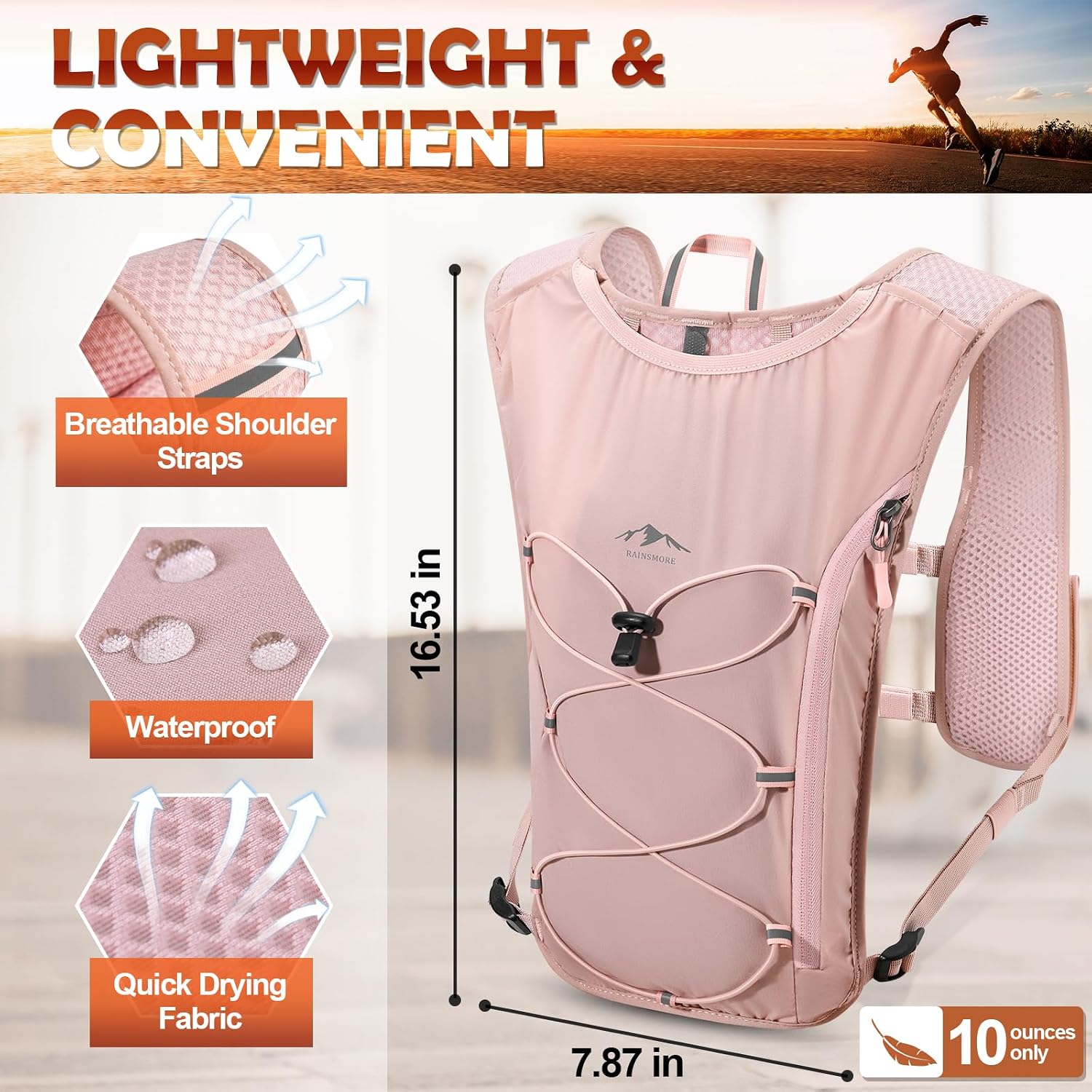 RAINSMORE Running Hydration Vest with 500ml Soft Flask, Waterproof Phone Pocket, Lightweight Hydration Pack, Adjustable No-Bounce Straps for Trail Running, Marathon, Cycling