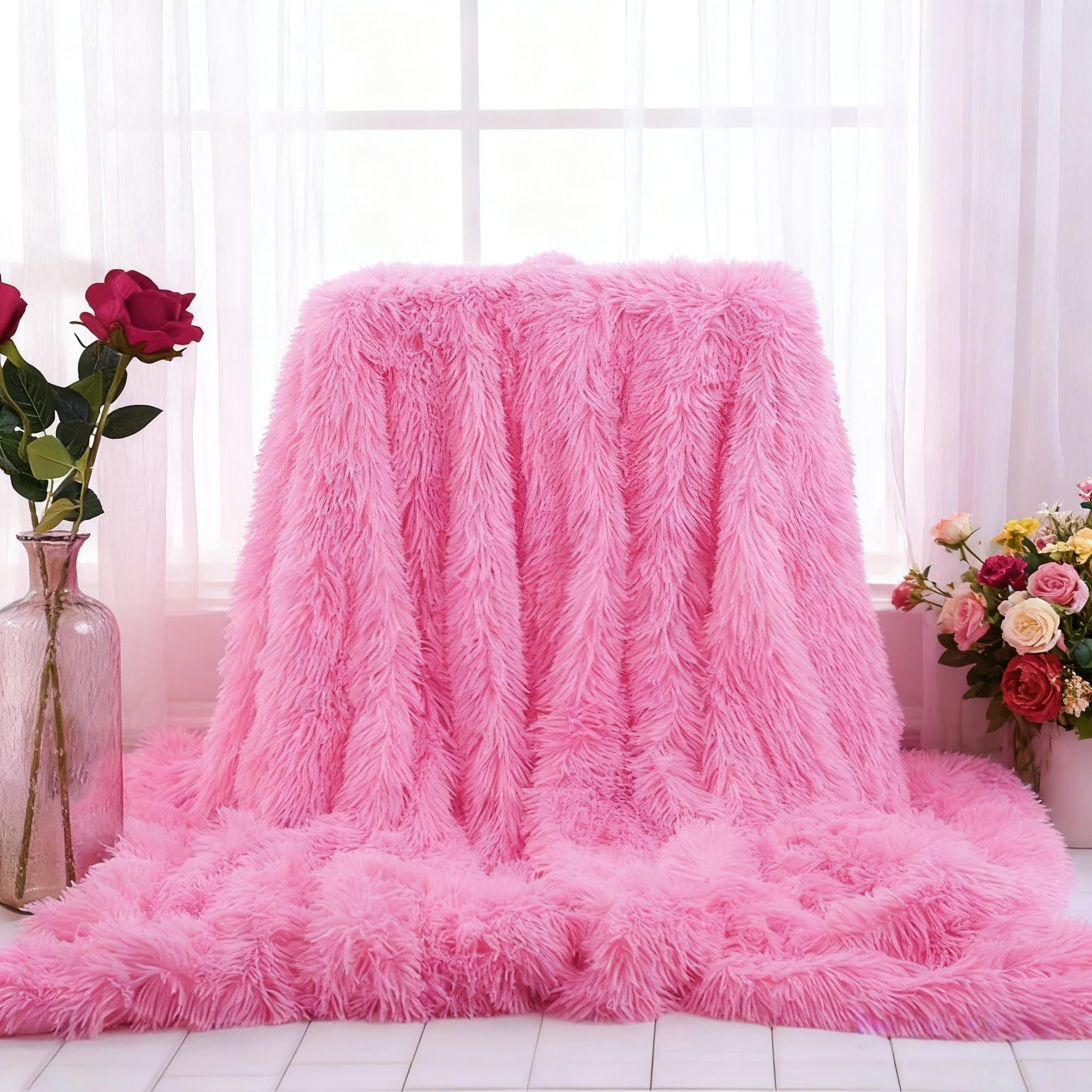 Myru Pink Plush Super Soft Blanket Bedding Sofa Cover Furry Fuzzy Fur Warm Throw Qulit Cozy Couch Blanket For Winter (51"X63", )