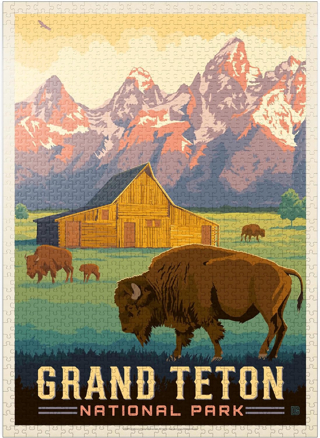 MyPuzzle Grand Teton National Park: Bison & Barn, Vintage Poster - Premium 500 Piece Jigsaw Puzzle for Adults