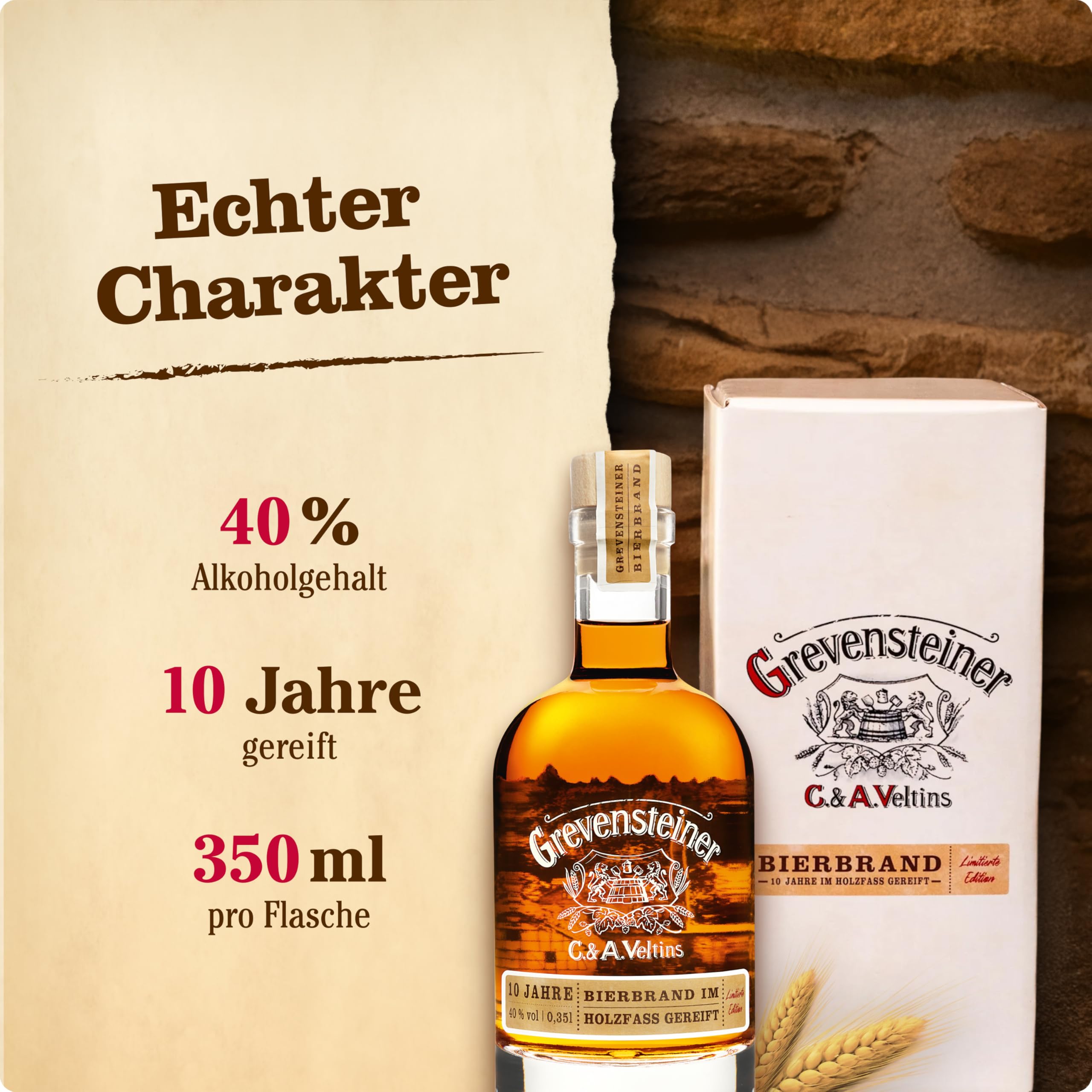 Grevensteiner Bierbrand 40% Vol 0,35 L I 10 Jahre im Eichenfass gereift I Premium Edelbrand aus Grevensteiner Landbier I Bourbonfass Lagerung I limitierte Spezialität I Geschenkidee für Bierliebhaber