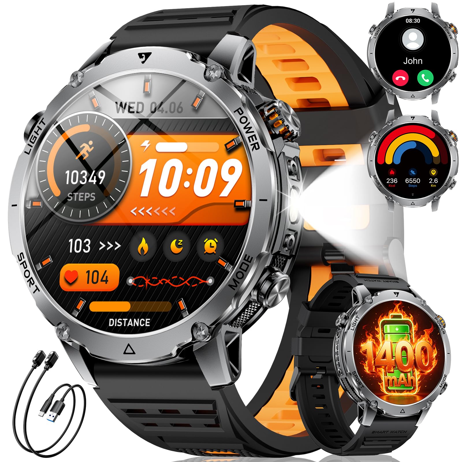 SUNKTA Reloj Inteligente para Hombre 1400 mAh Grado Batería 1,7" HD Llamadas Bluetooth Militar Smartwatch 100+ Modos Deportivo y de Fitness con iOS y Android,Monitor de Salud,sueño,podómetro,Negro