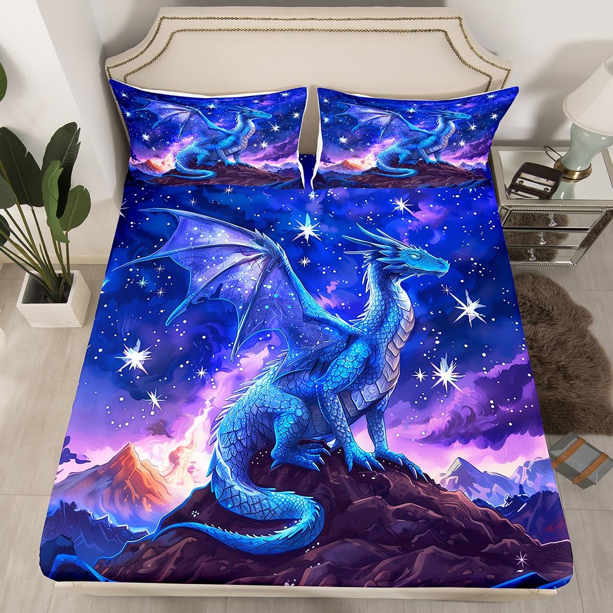 Homewish Dragon Fitted Sheet Twin Size,Starry Sky Mountains Bedding Set for Kids Girls Boys Room Decor,Blue Purple Western Magical Bed Sheet 2Pcs,Wild Animal Trippy Sheet Set,1 Pillowcase