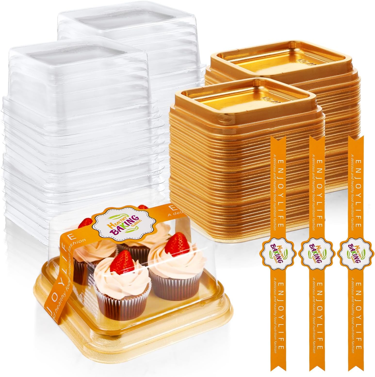 100 Sets Gold Cake Containers – 3.55 Inch Clear Plastic Mini Cake Box with Lids & Stickers, Square Dessert Box for Cupcakes, Macarons, Mooncakes – Wedding, Birthday, Party
