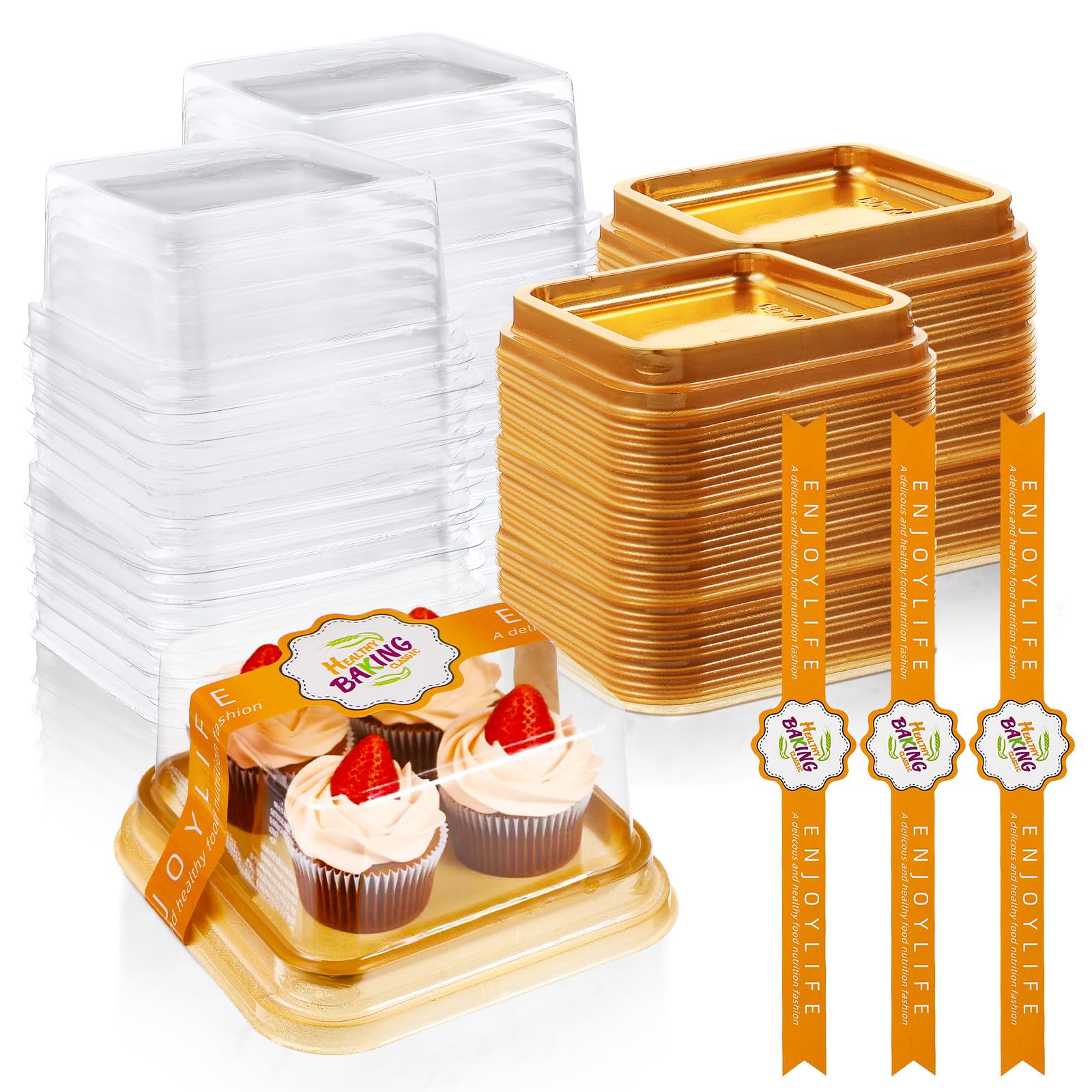 Photo 1 of 100 Sets Gold Cake Containers – 3.55 Inch Clear Plastic Mini Cake Box with Lids & Stickers, Square Dessert Box for Cupcakes, Macarons, Mooncakes – Wedding, Birthday, Party