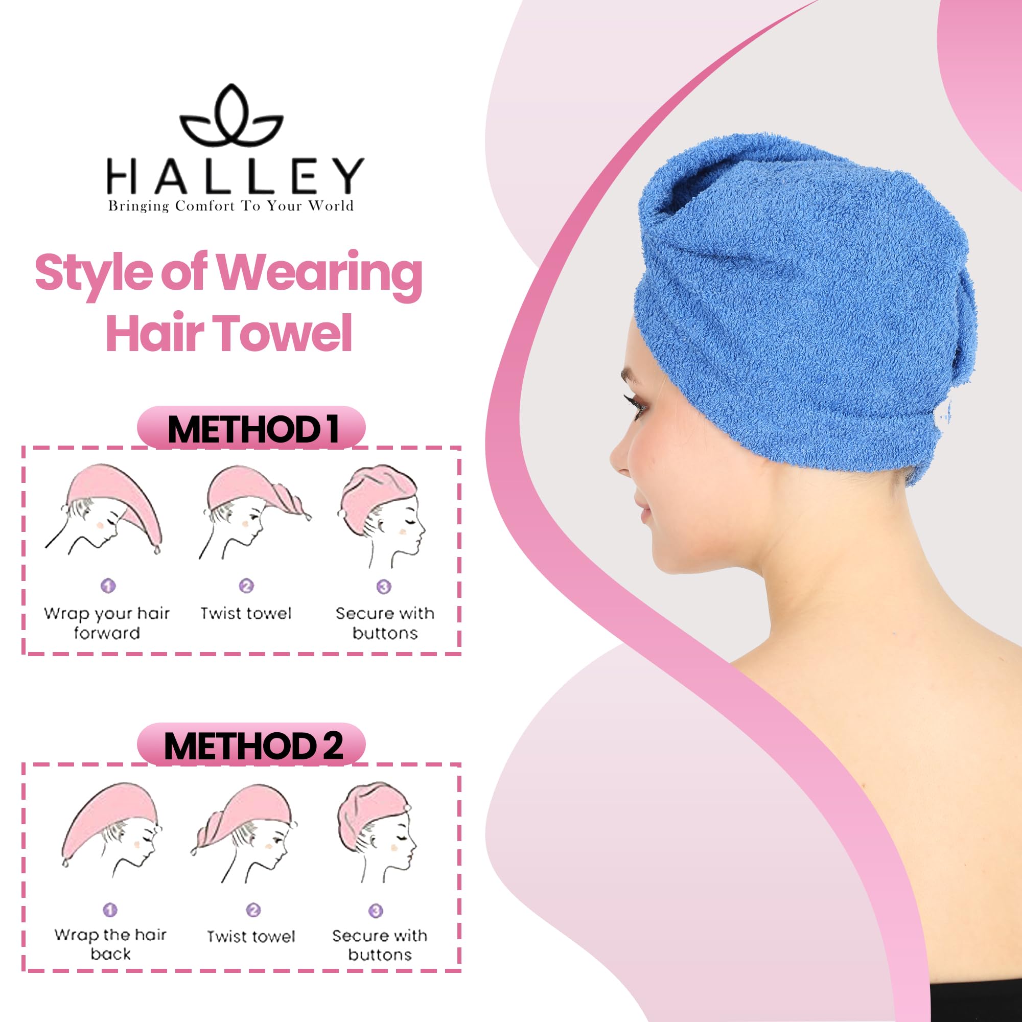 HALLEY Toalla de algodón para el cabello, 3 paquetes, súper absorbente, antiencrespamiento, de secado rápido, para cabello rizado, largo y grueso, turbantes para cabello húmedo con botón, toalla para