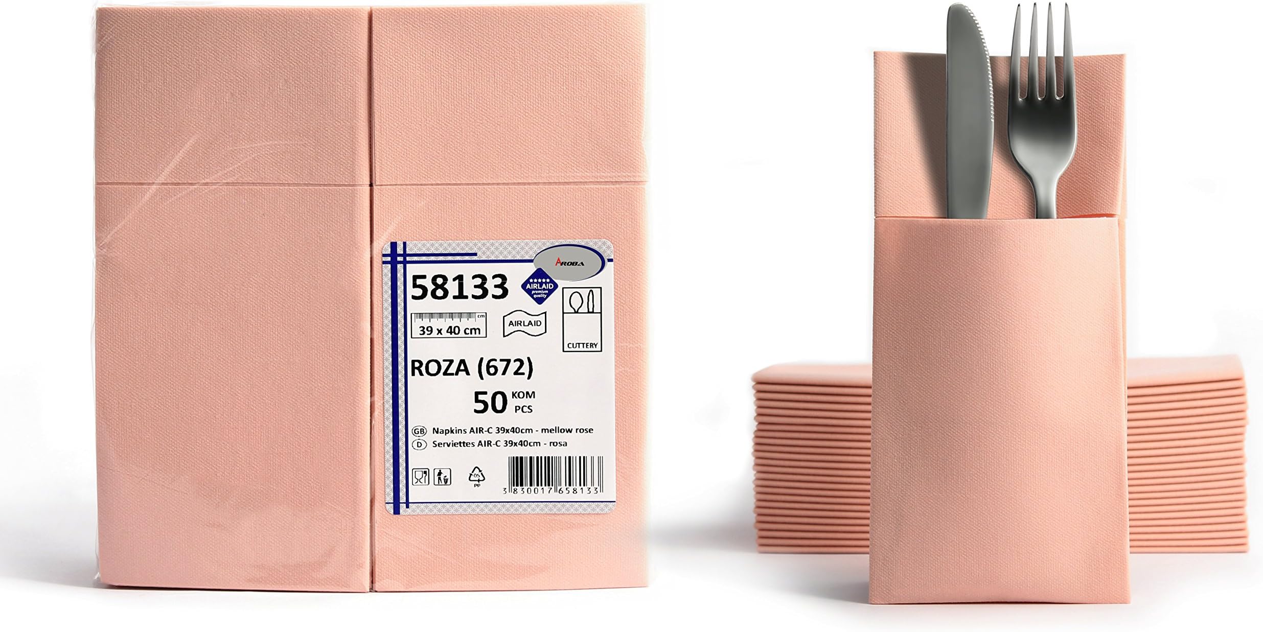 AROBAAirlaid 50ct DISPOSABLE NAPKIN, Pink, Airlaid Paper, 40 x 40 cm, Fabric Look, Cutlery Slot, Pack of 50