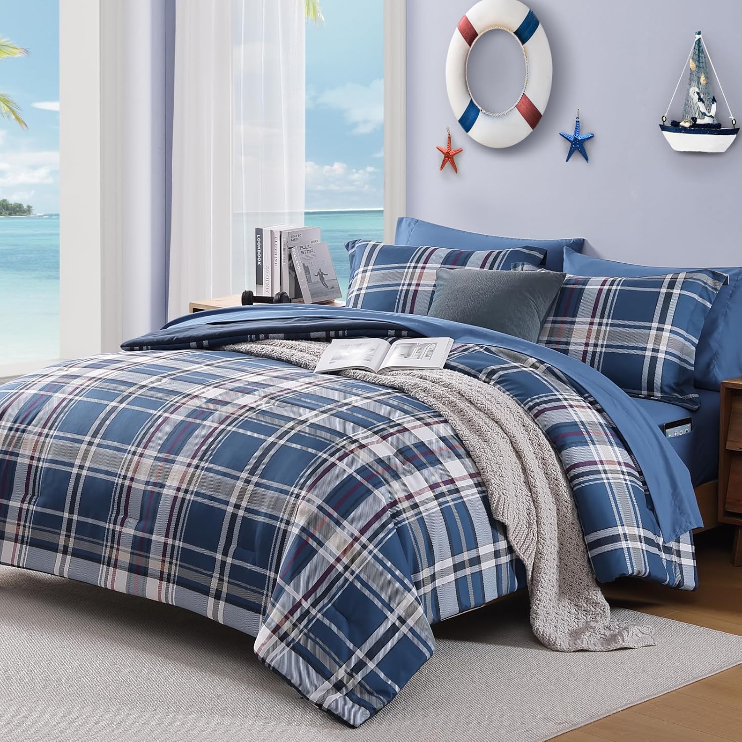 Plaid Twin XL Comforter Set Medium Blue, Bedding Set 5 Pieces for Boys Girls Teen, Lightweight Bed in a Bag for Dorm with Sheets, Pillowcase & Sham - Image 2