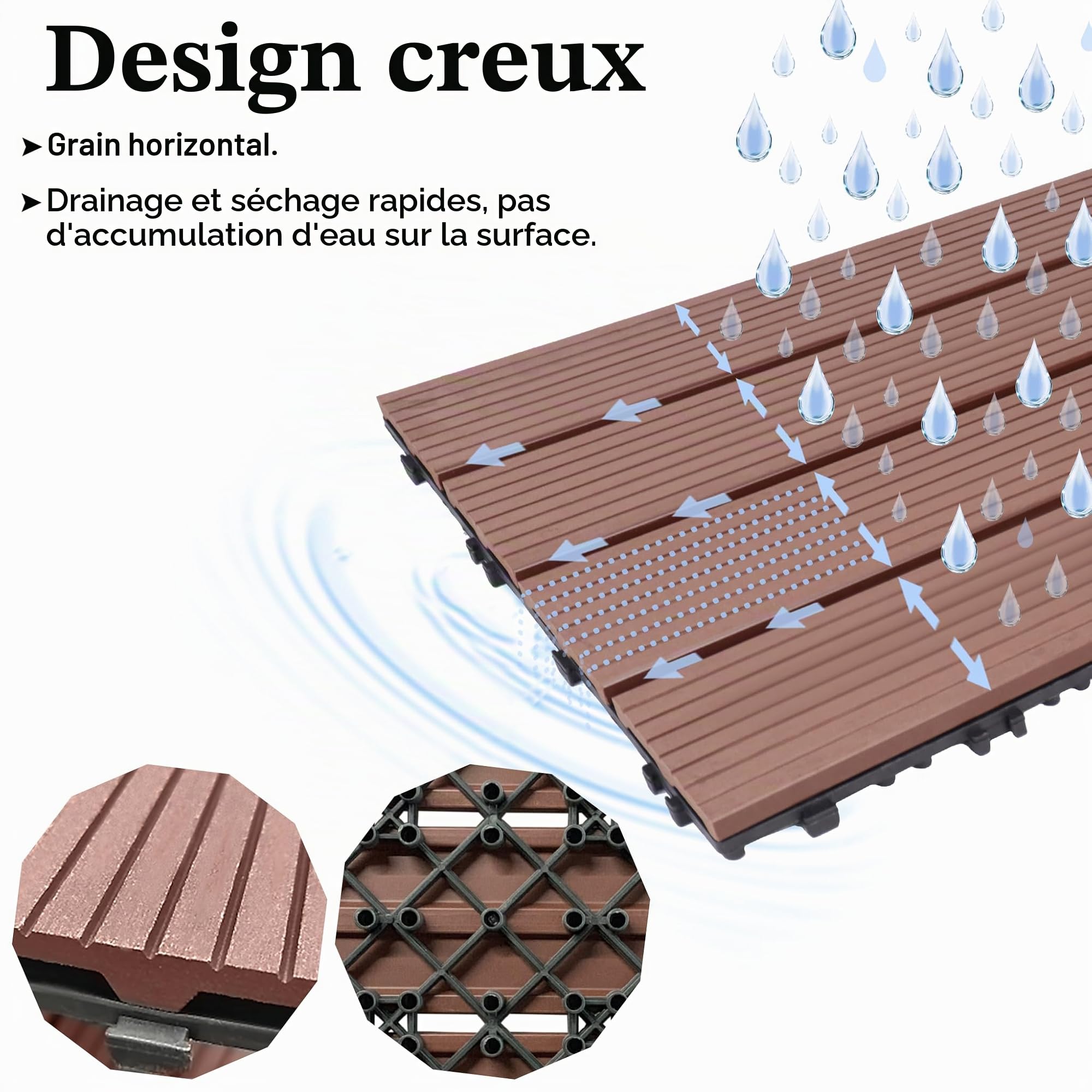 Froadp 30x30cm WPC Carrelage de sol en Plastique Composite, Revêtement de sol Extérieur, Dalles en Bois-plastique Extérieur, Caillebotis Système Plug-in pour Terrasse Jardin Balcon(11 pcs, Marron)