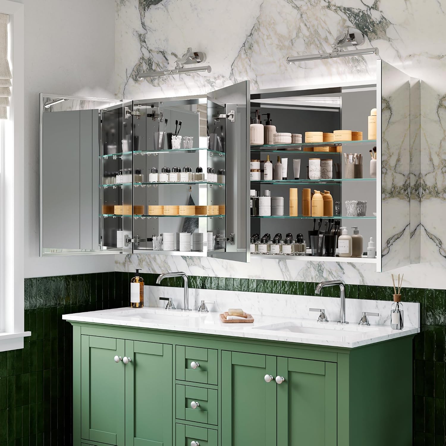 60"x30" Medicine Cabinets Bathroom Mirror Cabinet with Blum Soft Close Hinge, Recessed or Wall Mounted Storage Organizer with 3 Adjustable Shelves and 3 Doors, Reverse Installation