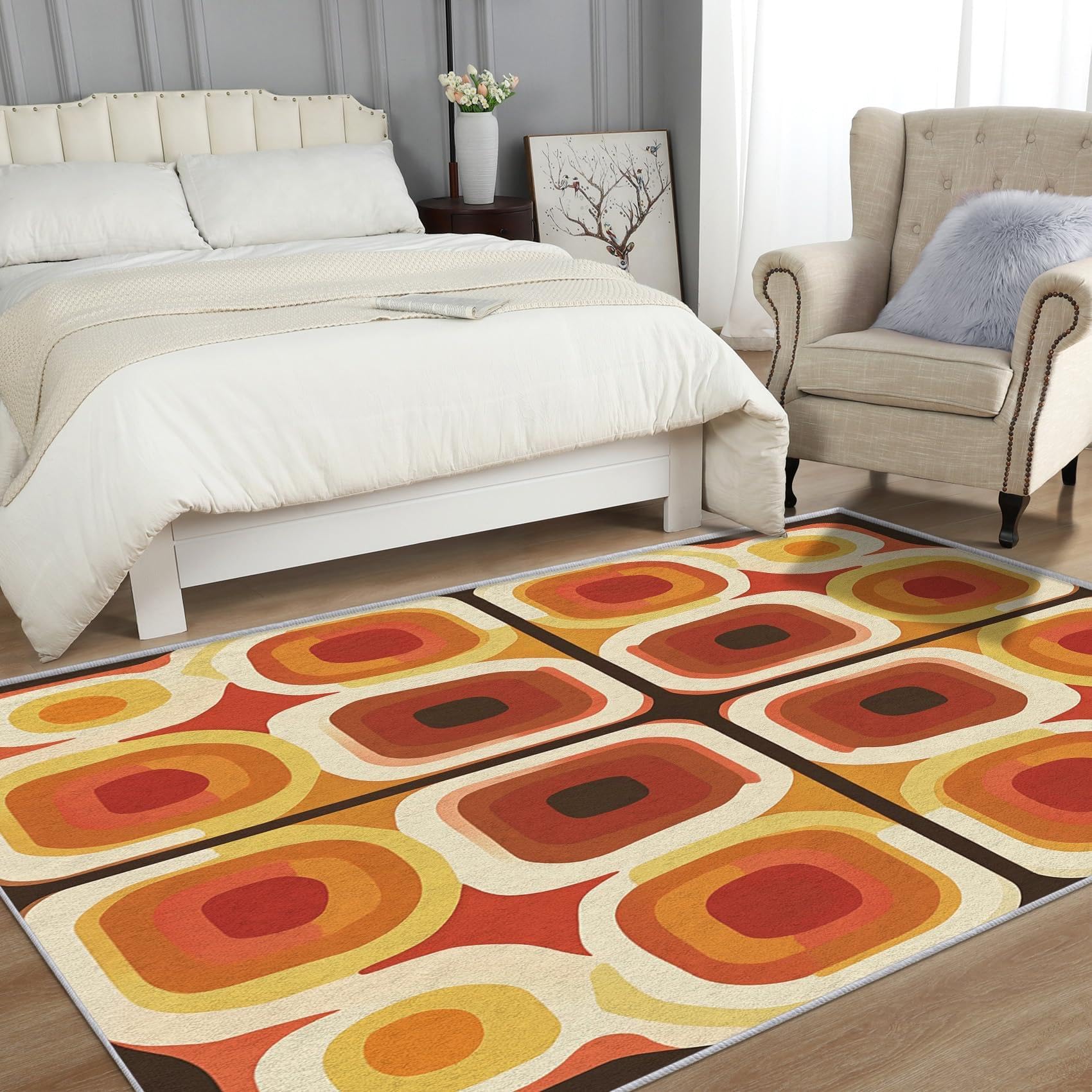 Tappeto antiscivolo anni '70, tappeto con motivo geometrico a cerchi, tappeto lavabile con estetica astratta per soggiorno, camera da letto, cameretta dei bambini, 90x180cm