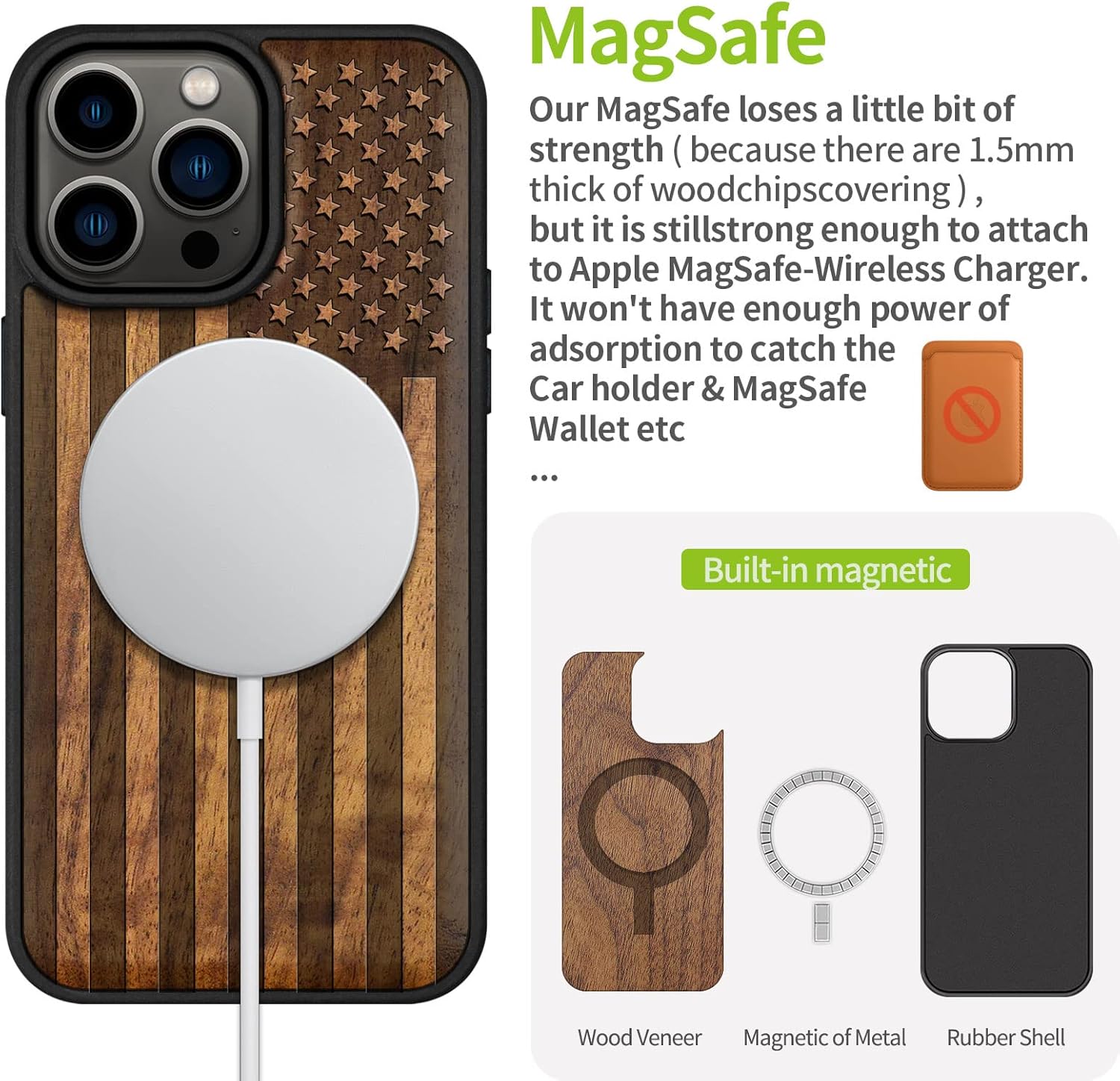 Carveit Magnetic Wood Case for iPhone 14 Pro Max [Natural Wood & Black Soft TPU] Unique & Classy Wooden Shockproof Protective Cover Compatible with magsafe (American Flag -Walnut) - Image 5