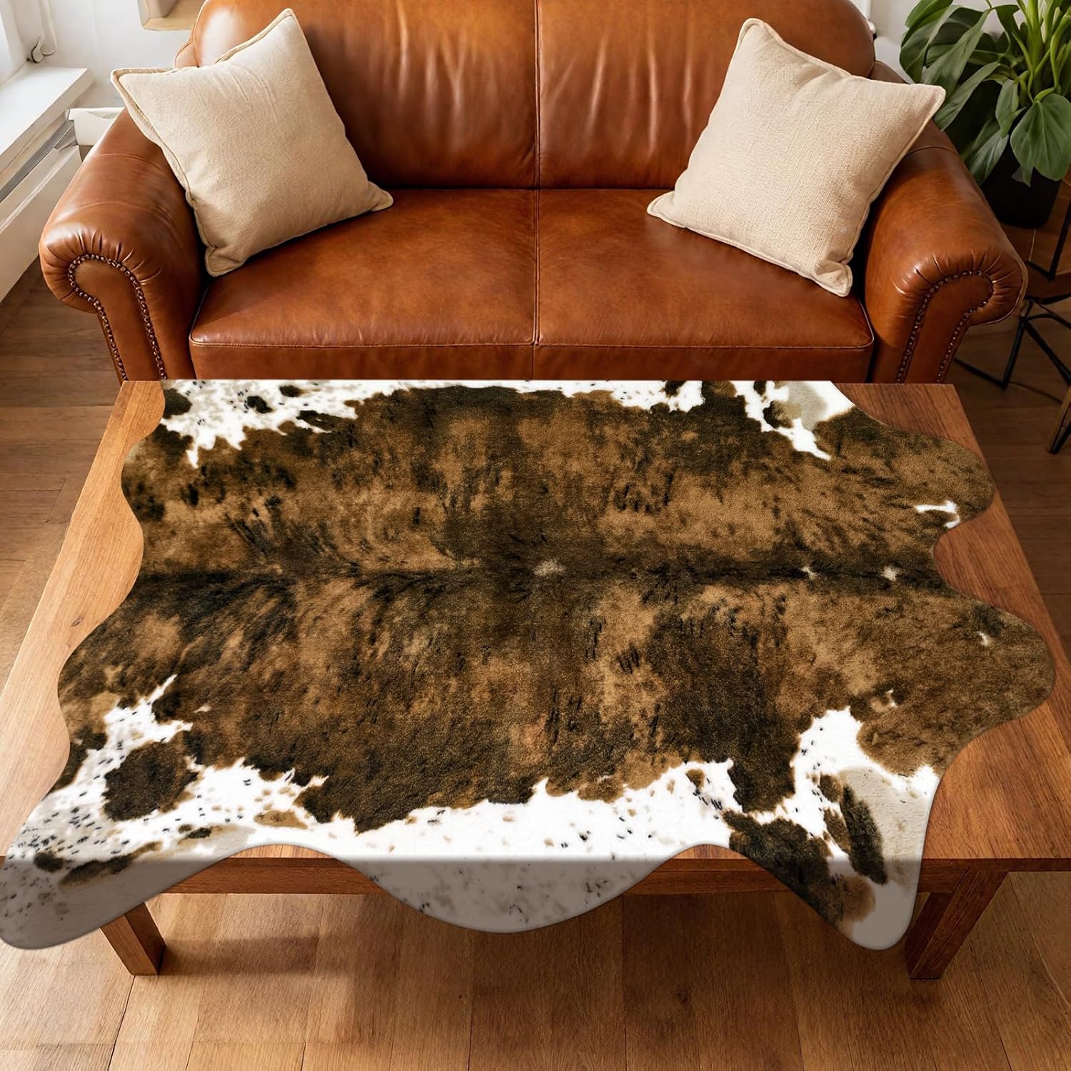 Premium Faux Cowhide Rug 4.6 x 5.2 Feet Durable and Large Size Leopard Animal Print Area Rug Washable Rug for Bedroom Western Decor,Brown