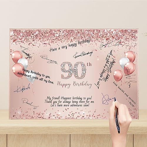Trgowaul Decoraciones de cumpleaños 90 para mujer, letrero de mesa de cumpleaños de 90 años, tablero de firma, recuerdos de fiesta de cumpleaños de