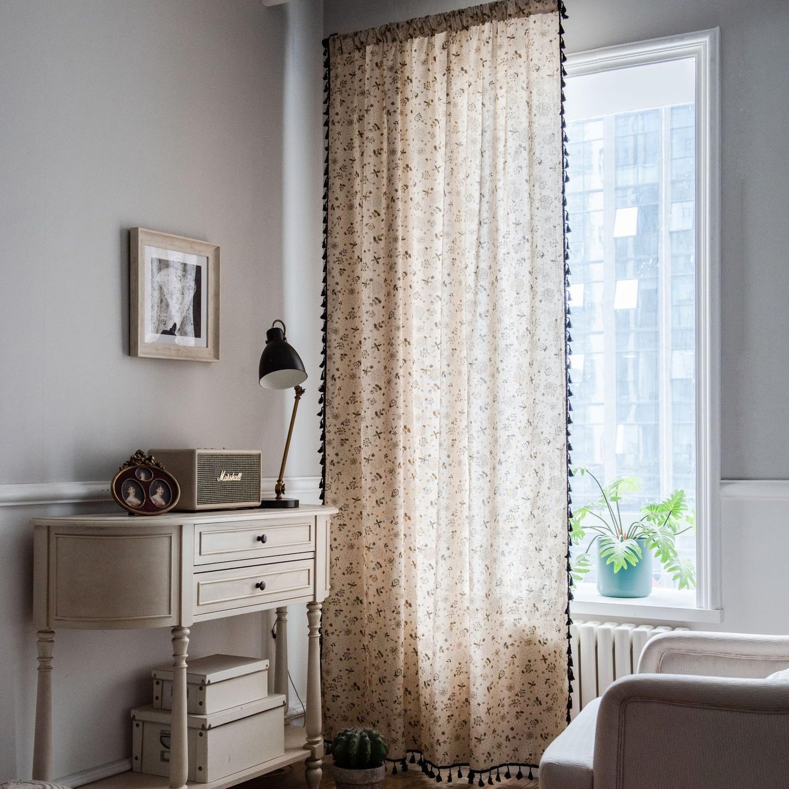 Rideaux coton lin beige gris 300x260cm grand format pour fenêtre et baie vitrée