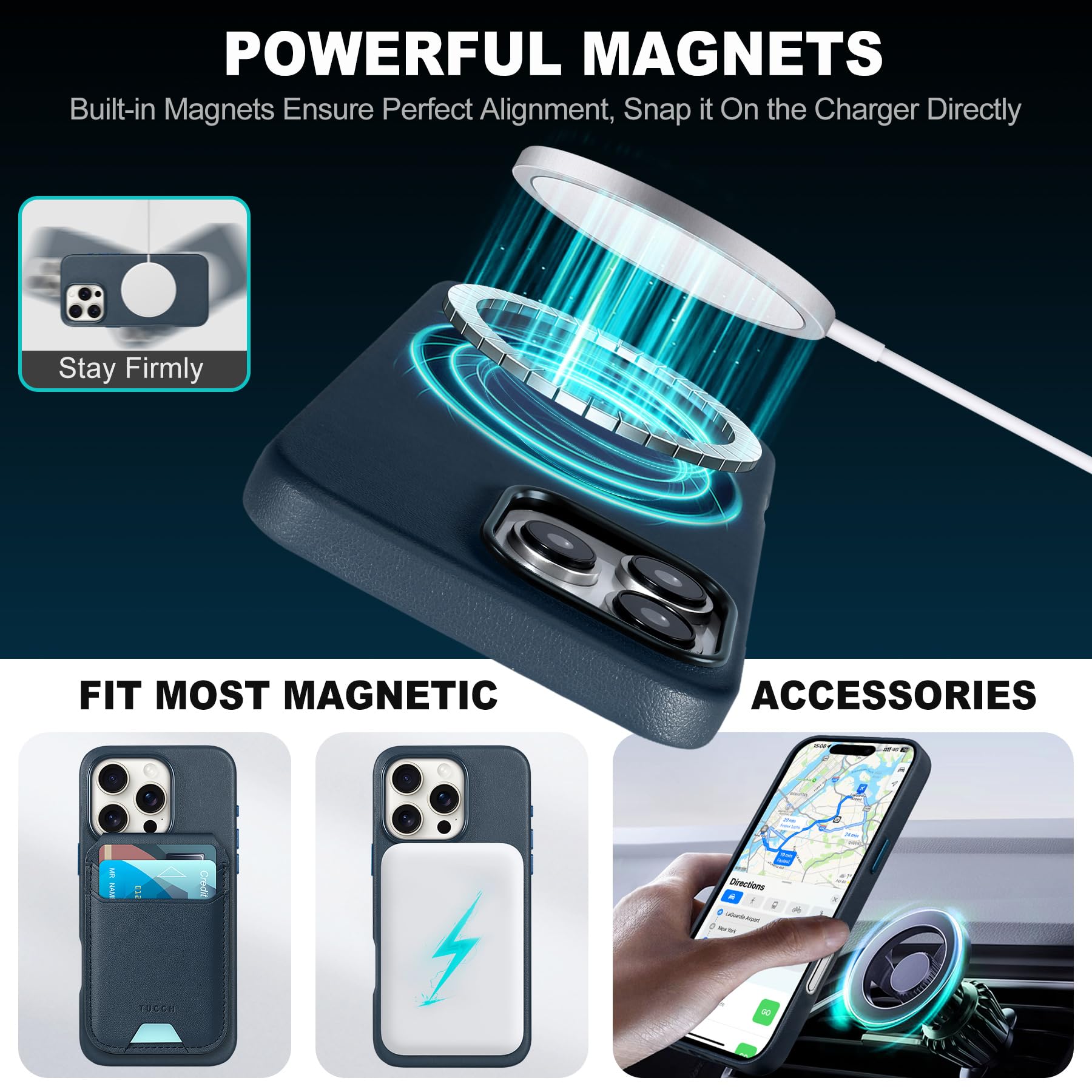TUCCH Custodia per iPhone 16 Pro Ricarica Wireless Magnetica in Pelle PU Anti-Shock Resistente ai Graffi Copertura Posteriore Antiscivolo Protezione Leggera per iPhone 16 Pro 5G 6,3 2024 - Blu