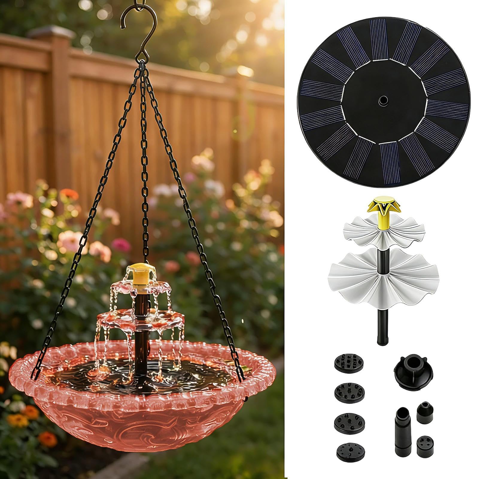 Solar Bird Bath Fountains - Solar Cascade Hanging Bird Bath Fountain, BirdBath And Feeder For Garden, Attracts Hummingbirds & Wild Birds, Birds Feeder Tray For Outdoor Garden Backyard Patio
