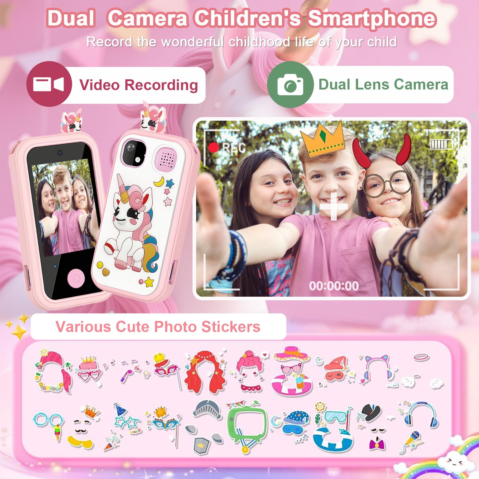 64GB Kids Smart Phone for Girls, Touchscreen, Birthday Gifts for Girls Age 6, 7, 8, 10 Year Old, Toddler Educational Learning Toys Phone with Dual Camera, Game, Music Player, Pink