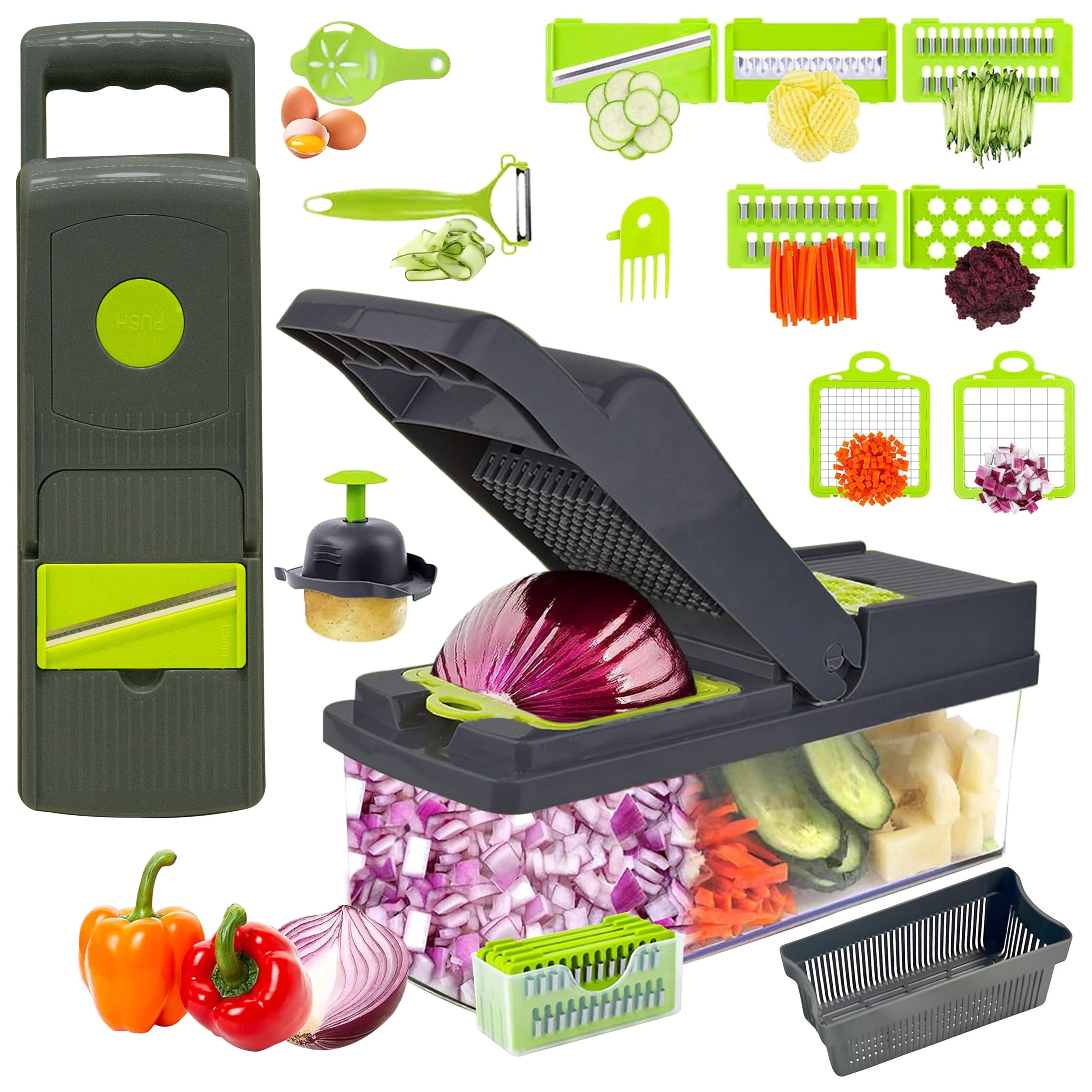 Neez Picador de verduras 15 en 1, cortador de verduras con mandolina, cortador de cebolla, picador de alimentos, picador de ensalada, picador de verduras, cortador de verduras, cortador de patatas