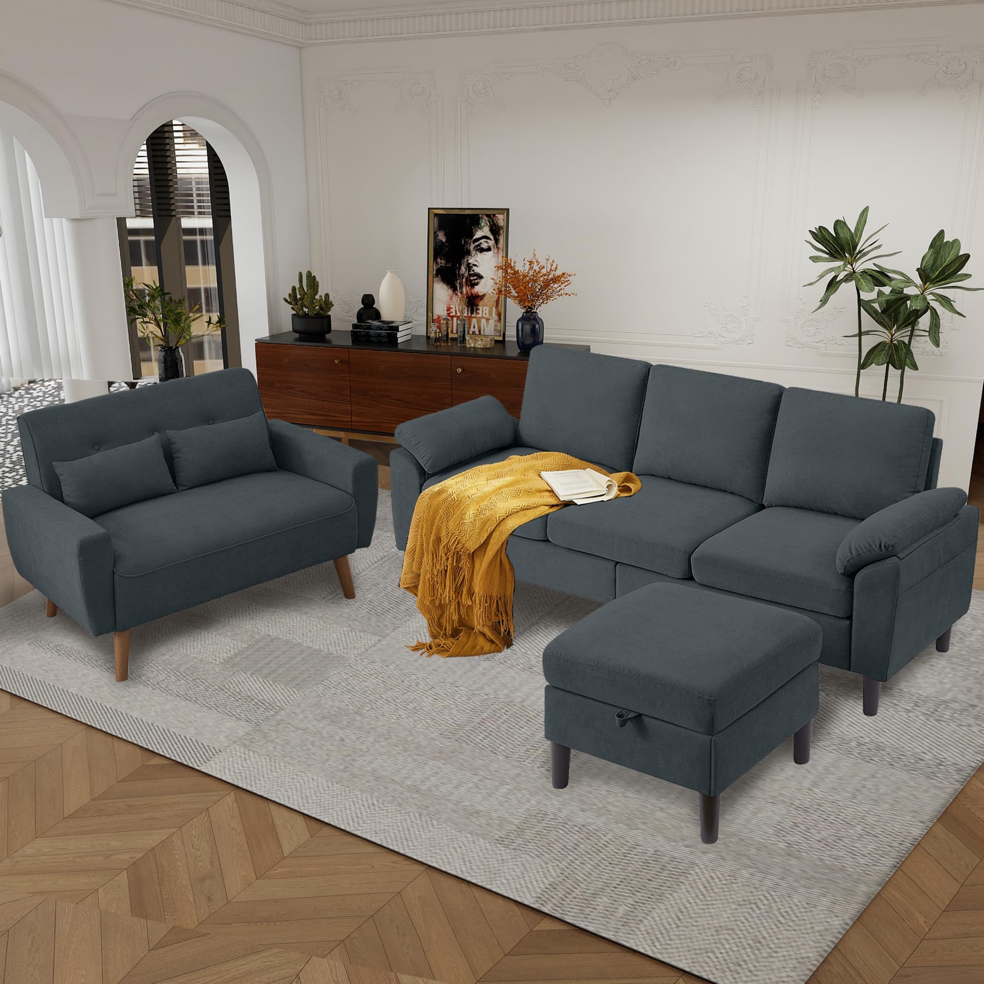 Chireca 79" Convertible Sectional Sofa Set, Modern Linen Small L Shaped Couch with Reversible Chaise and Loveseat Sofa, 3-Seat Sofa Couches for Living