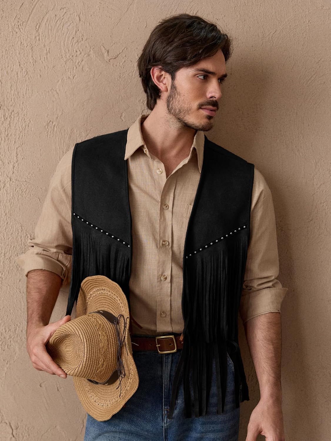 OYOANGLE Men's Casual Suede Top Shirt Boho Fringe Trim Open Front Sleeveless Vest Jacket Waistcoat - Image 3