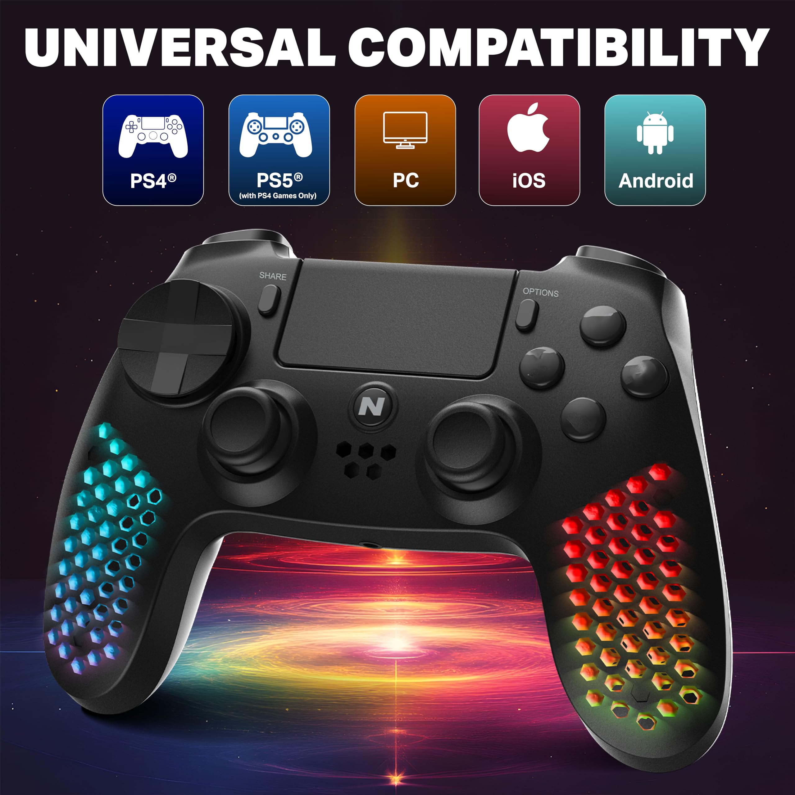 NITHO Wireless Controller per PS4/PC/Android/iOS/PS3, Controller di Gioco con Sensore a 6 Assi, Luci RGB LED, Doppia Vibrazione, Jack Audio da 3.5 mm, Gamepad Joystick per PS4/PC