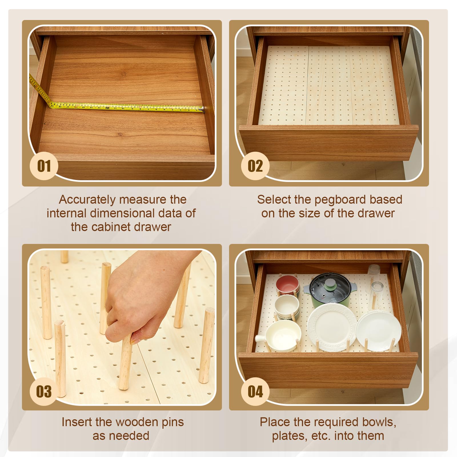 Kigley 12 Pcs Pegboard Drawer Organizer with 96 Pcs Drawer Peg Wood Peg