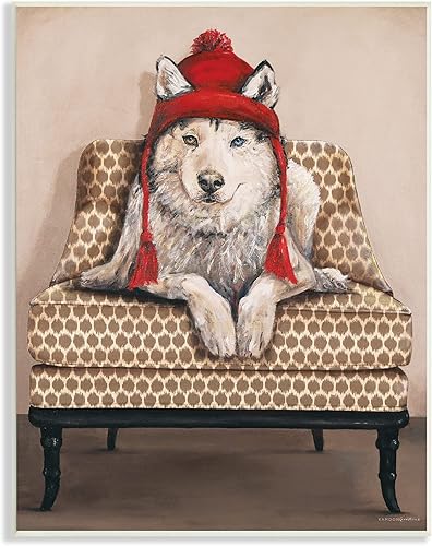 Stupell Industries Winter Husky - Silla de sala de estar, diseño de Kamdon Kreations, con sombrero rojo con pompón, 13 x 19 pulgadas, color marrón