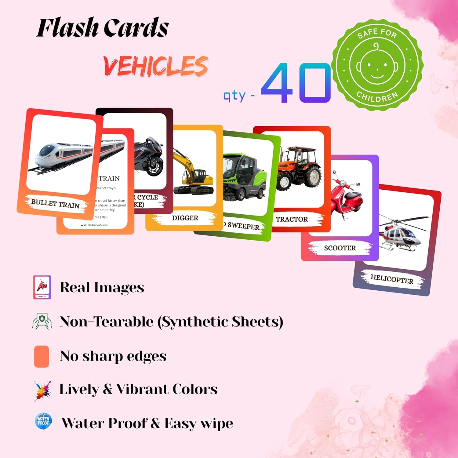 Vehicles Flashcards – Non-Tearable Synthetic Learning Cards for Toddlers, Preschool & Kindergarten, Double-Sided Set