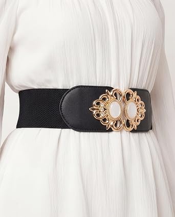 BlackButterfly Stretchy Vintage Wide Waspie Elastic Pearl Buckle Waist Belt