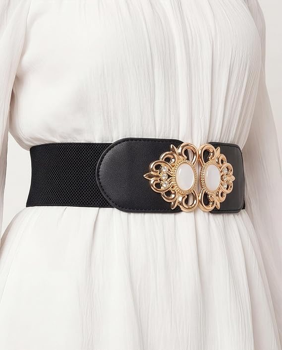 BlackButterfly Stretchy Vintage Wide Waspie Elastic Pearl Buckle Waist Belt