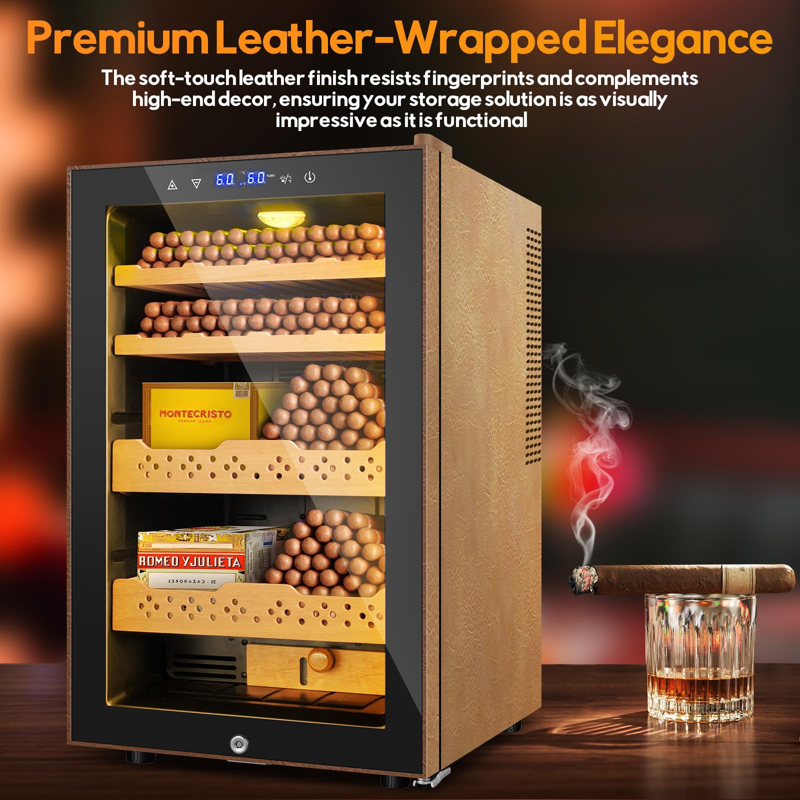 Velieta 70l Upgraded Electric Humidor With Leather, 400 Counts Large Capacity,Thermostatic Electric Cooler Cabinet With Digital LED Screen, Safety Lock,Smart Humidity & Temp Control, Gifts For Men on Fridge.com - View 2