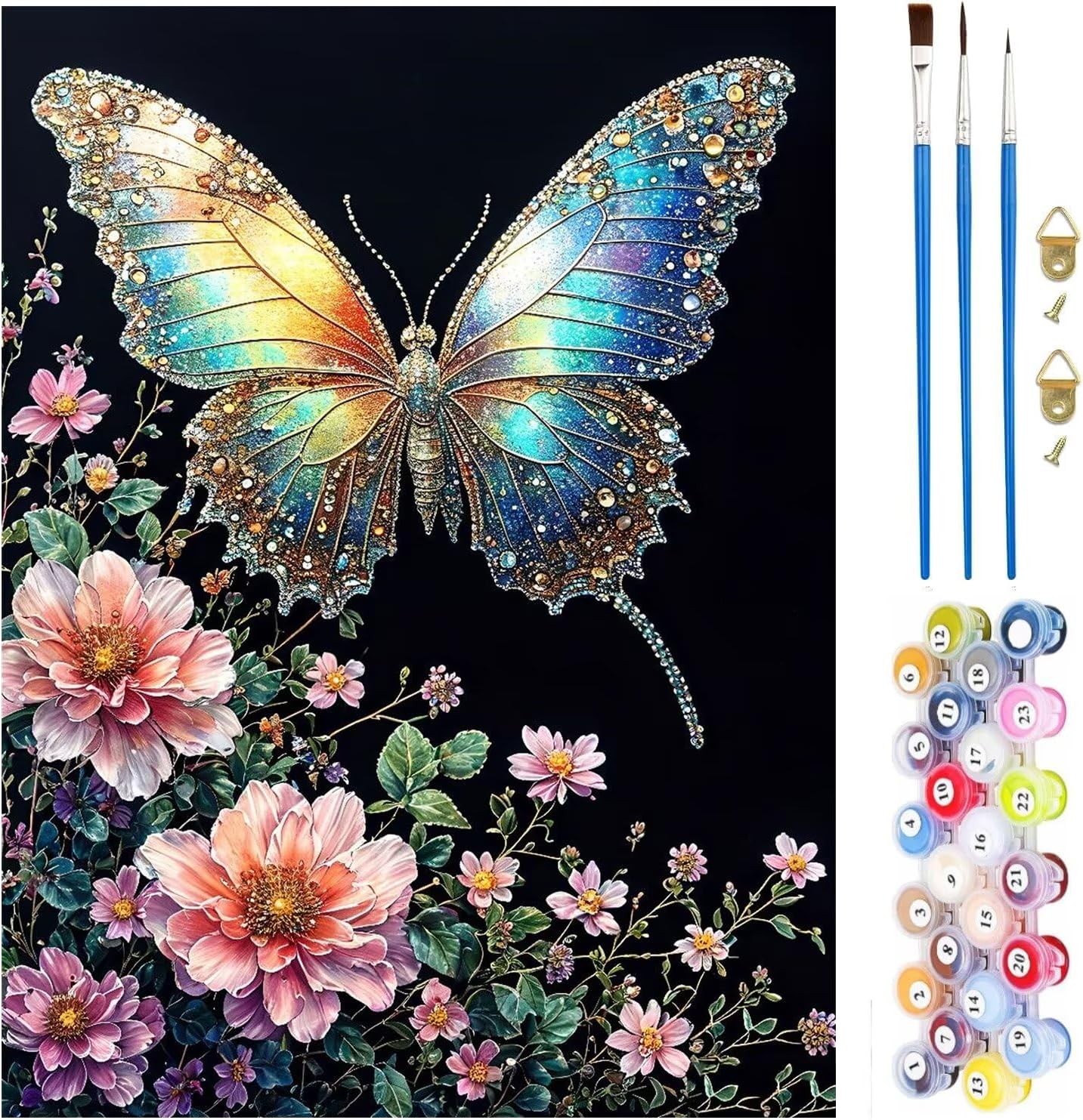 ペイントバイナンバー花 蝶 数字油絵 DIY数字塗り絵 ペイントバイナンバーDIY大人油絵の芸術工芸品 番号絵画 キット含むけ ブラ
