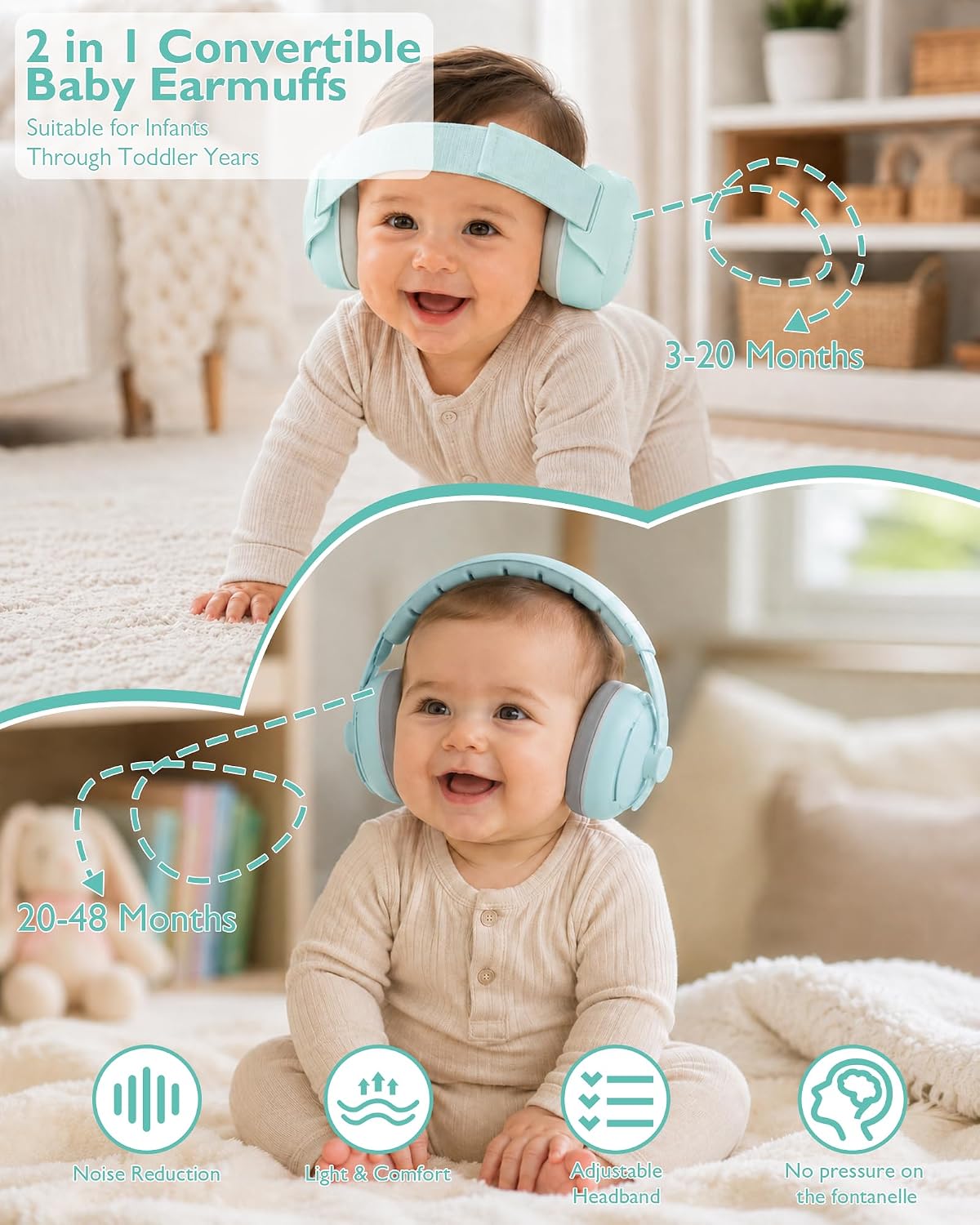 2-in-1 Baby Ear Muffs, Ear Protection Headphones, Comfort, Adjustable Headband & Noise Reduction for Airplane Travel