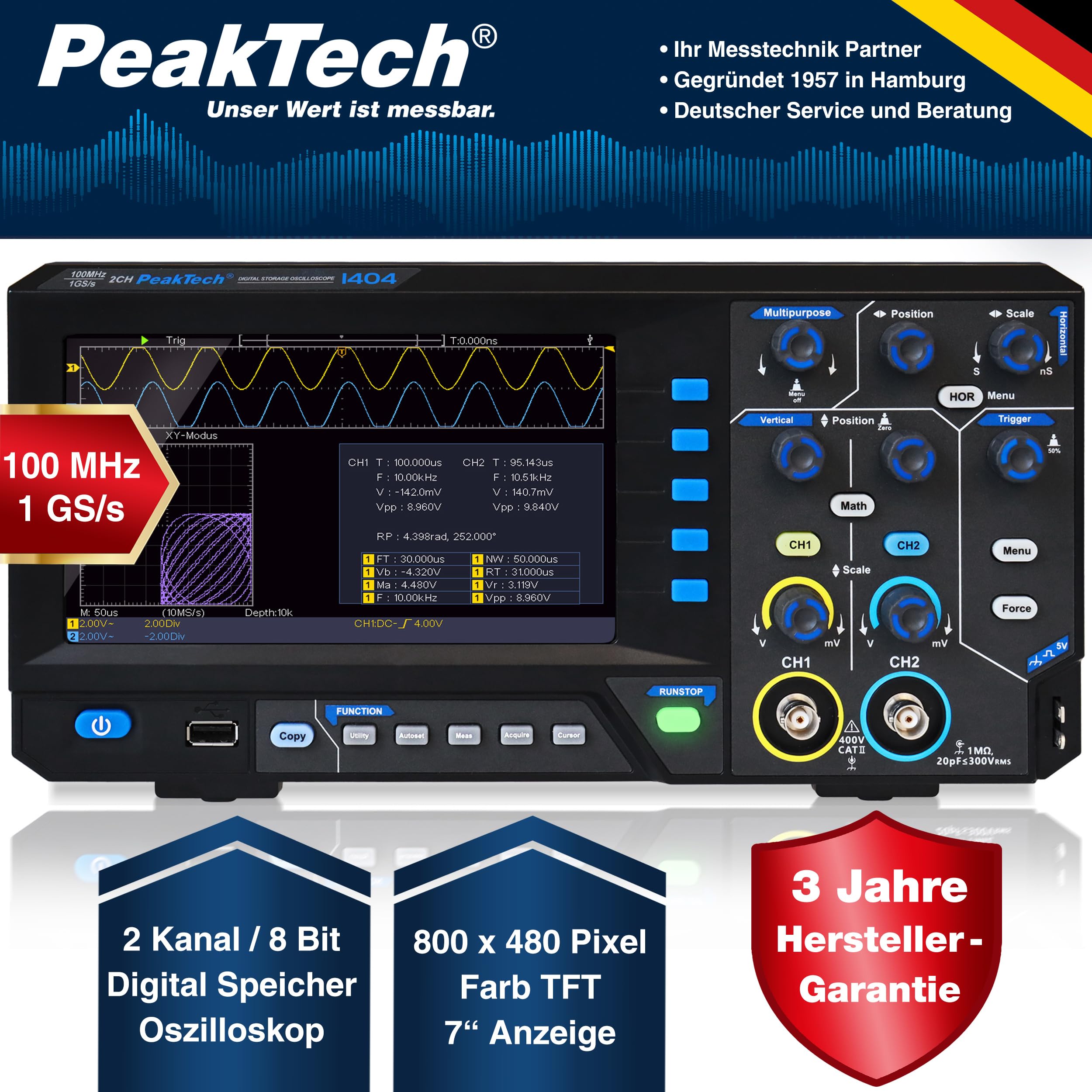 PeakTech P 1404 - Digital Oszilloskop 2 Kanal [3 Jahre Garantie] 100 MHz, 1GS/s, USB Schnittstelle, PC Software, P 1404 Oscilloscope, Schwarz, USB Oszilloskop, Oszilloskop Multimeter