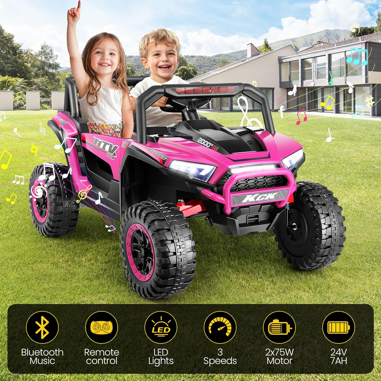 Hikole 24V 2 Seater Ride on Car Truck for Kids, Electric UTV W/Parents Remote Control, Ride on Toys with Four-Wheel Suspension, 20" Wide Seat, Storage Space, Music, USB, LED Lights, Pink