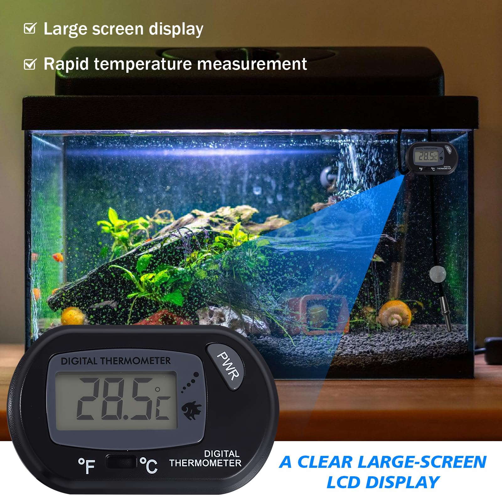 PRITOK Digital Aquarium Thermometer with Probe and Suction Cup: 10 Pack °C/°F Switchable Water Temperature Monitor with Large LCD Display for Fish Tanks Aquariums - Image 3