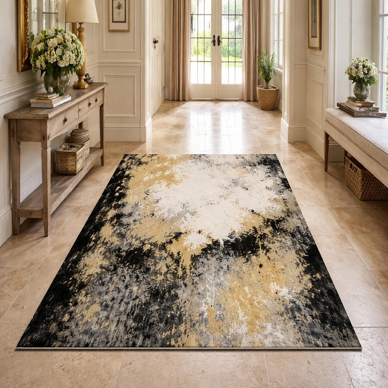 Tapis de salon abstrait jaune et gris 70x140 cm antidérapant élégant