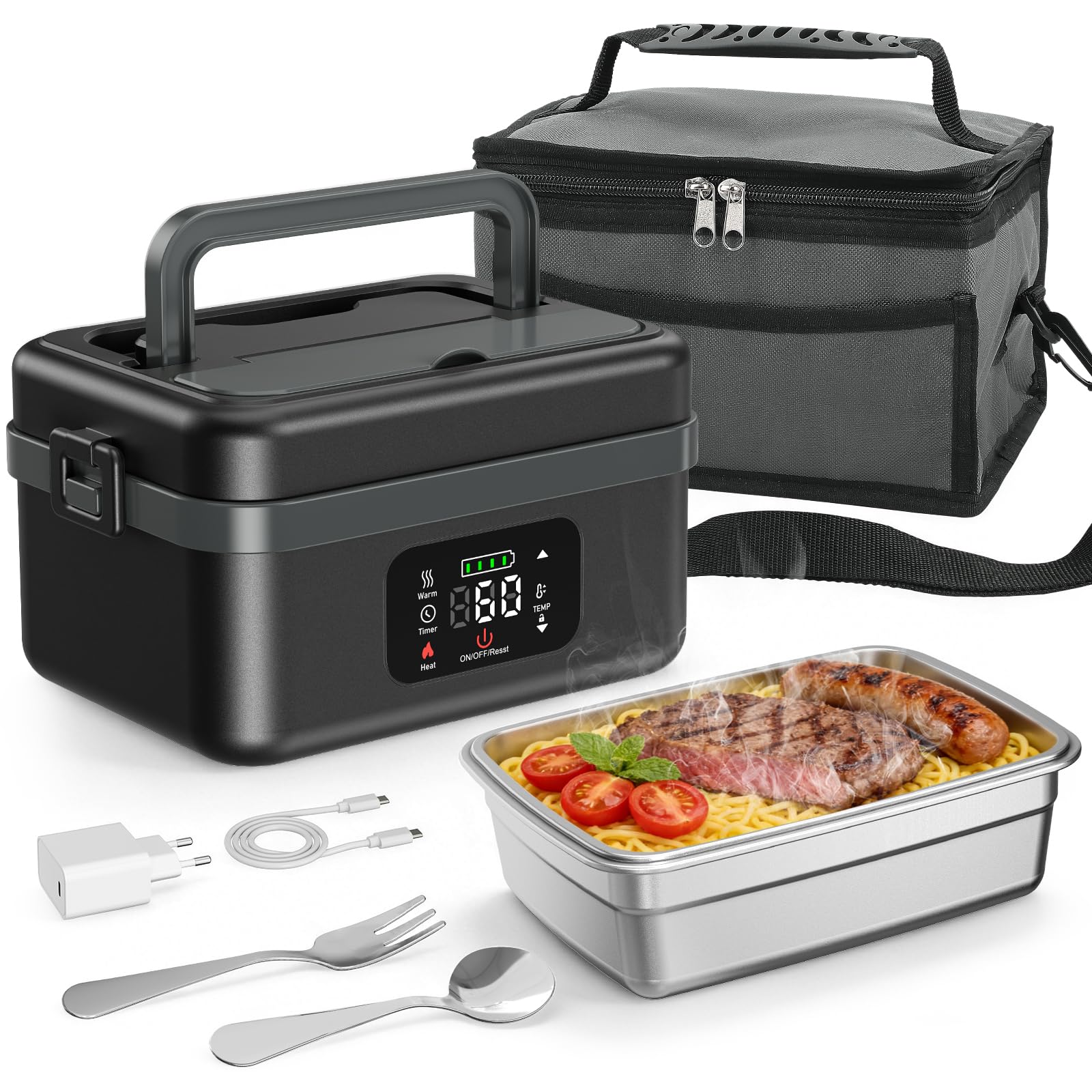 Fiambrera Electrica,Calentador de Comida Portatil 1L para Comida con Pantalla Táctil,Taper Termico Comida Caliente con Vajilla de Acero Inoxidable y Bolsa Aislante para Coche(Negro y gris)