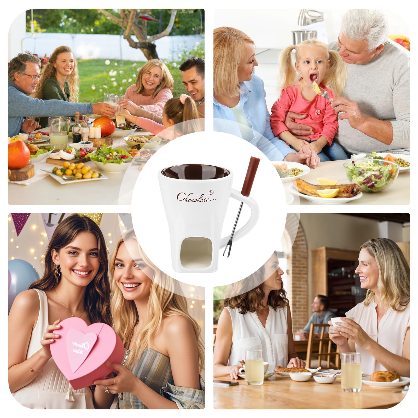 Wvu & Wvo Juego de fondue de chocolate de cerámica de 200 ml,Taza de fondue de chocolate,Taza para derretir el chocolate,Juego de fondue con tenedor y vela de té para queso chocolate mantequilla