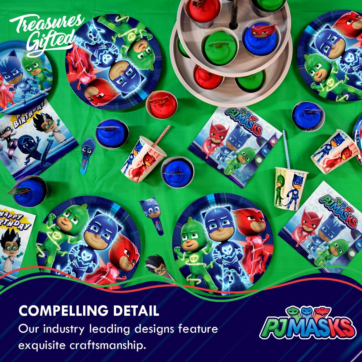 Treasures Gifted Officially Licensed PJ Masks Birthday Party Supplies - Serves 16 Guests - Complete Set with PJ Masks Decorations, Plates, Banner & More