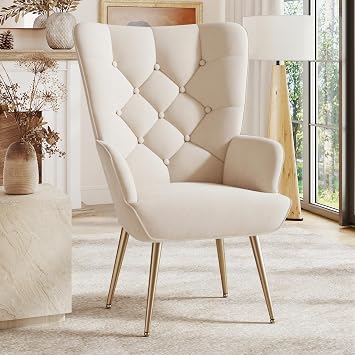 Velvet Wingback Armchair, High Back, Gold Metal Legs, Cream | Button-tufted high back; padded armrests; gold-tone metal legs; accent chair for lounge, reading, living room or bedroom
