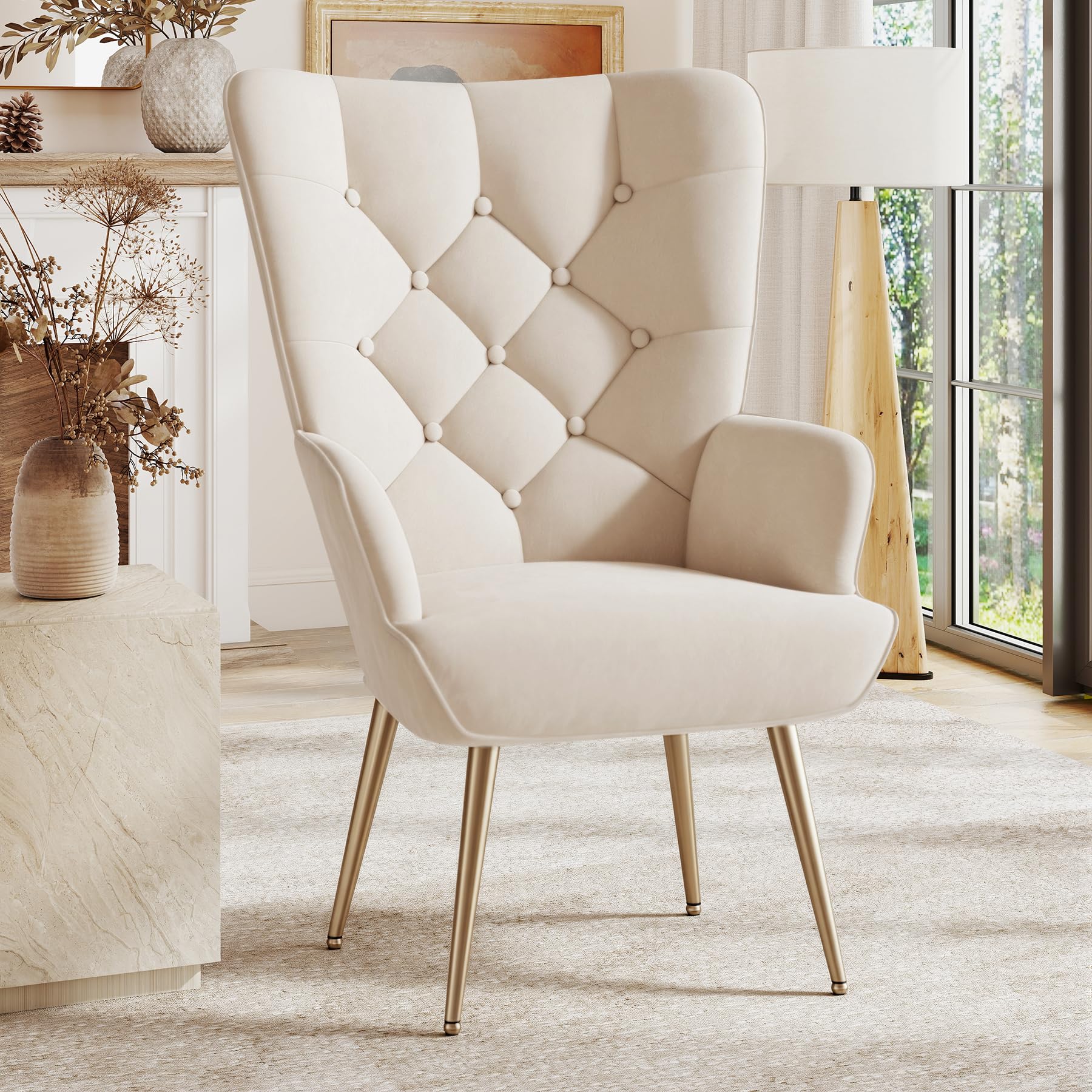 Aivermeil Armchair Tub Chair,High back with gold legs Comfy,Velvet Chair, for Bedrooms, Living rooms,Relaxation,150kg Load Capacity Cream