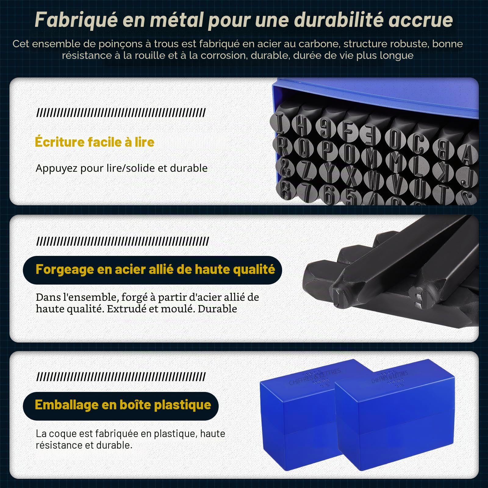 Gueenky 36 Pièces Lettres et Chiffres à Frapper, 10mm Poinçon Lettre Metal, A-Z et 0-9 Lettre a Frapper Metal, Chiffre à Frapper pour Estampage du Métal, du Plastique, du Bois, du Cuir