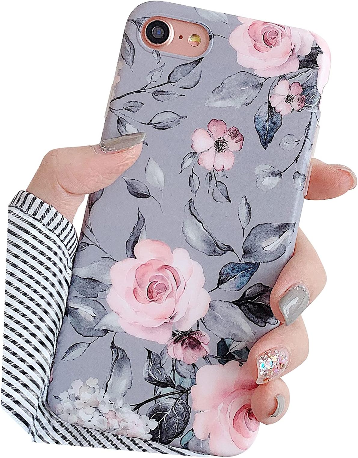 YeLoveHaw for iPhone SE 2020 Case, iPhone 8 Case, iPhone 7 Case for Girls, Flexible Soft Slim Fit, Floral and Purple Gray Leaves Pattern Cute Phone Case for iPhone8 / iPhone7 / iPhoneSE (Pink Flowers)