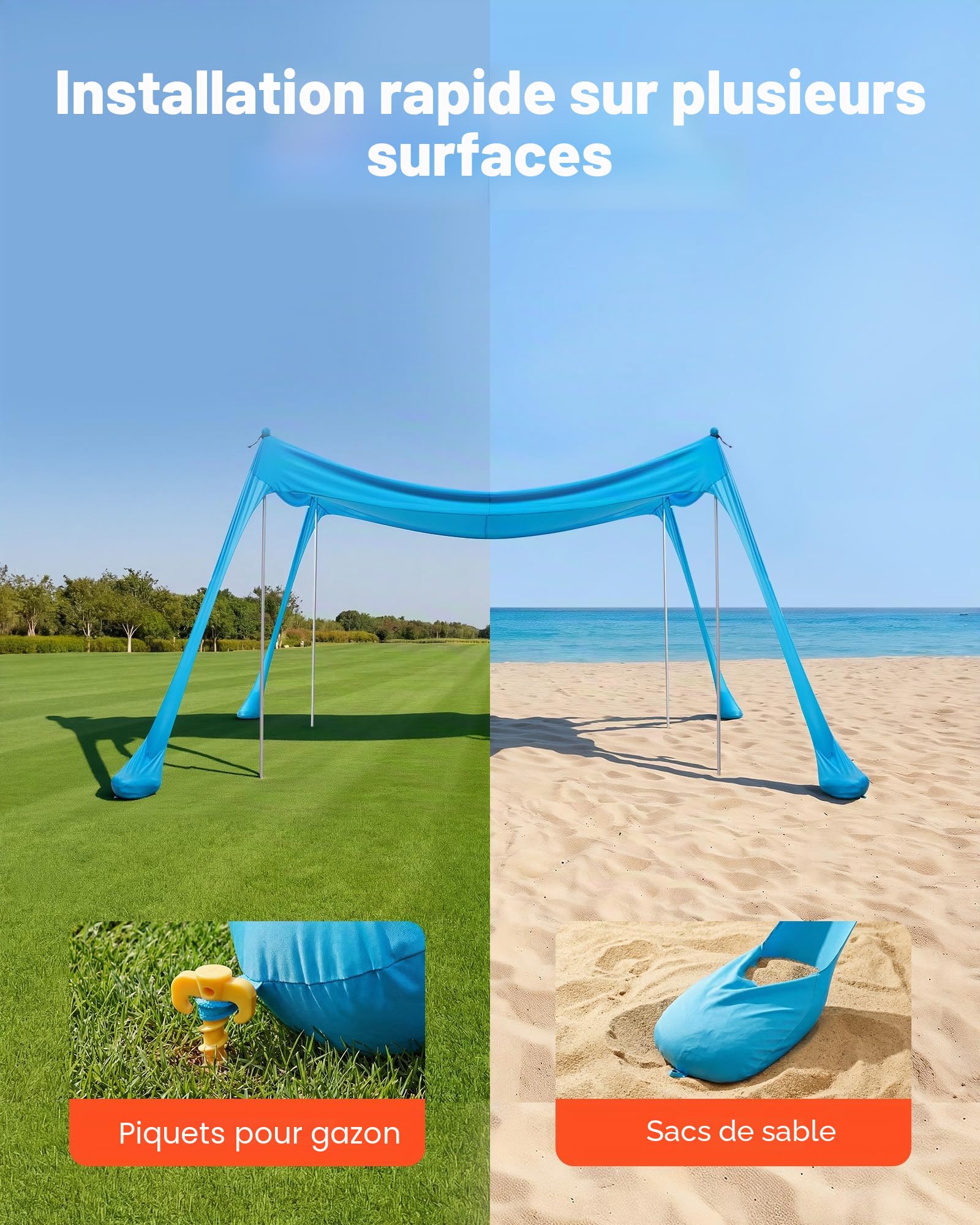 VEVOR Tente de Plage de 3x3x2 m, Abri Soleil UPF50+, Pare-Soleil Extérieur pour Plage Parc Camping et Pêche, Auvent de Protection UV avec 4 Sacs de Sable, Poteaux de Soutien et Pelles à Sable, Bleu