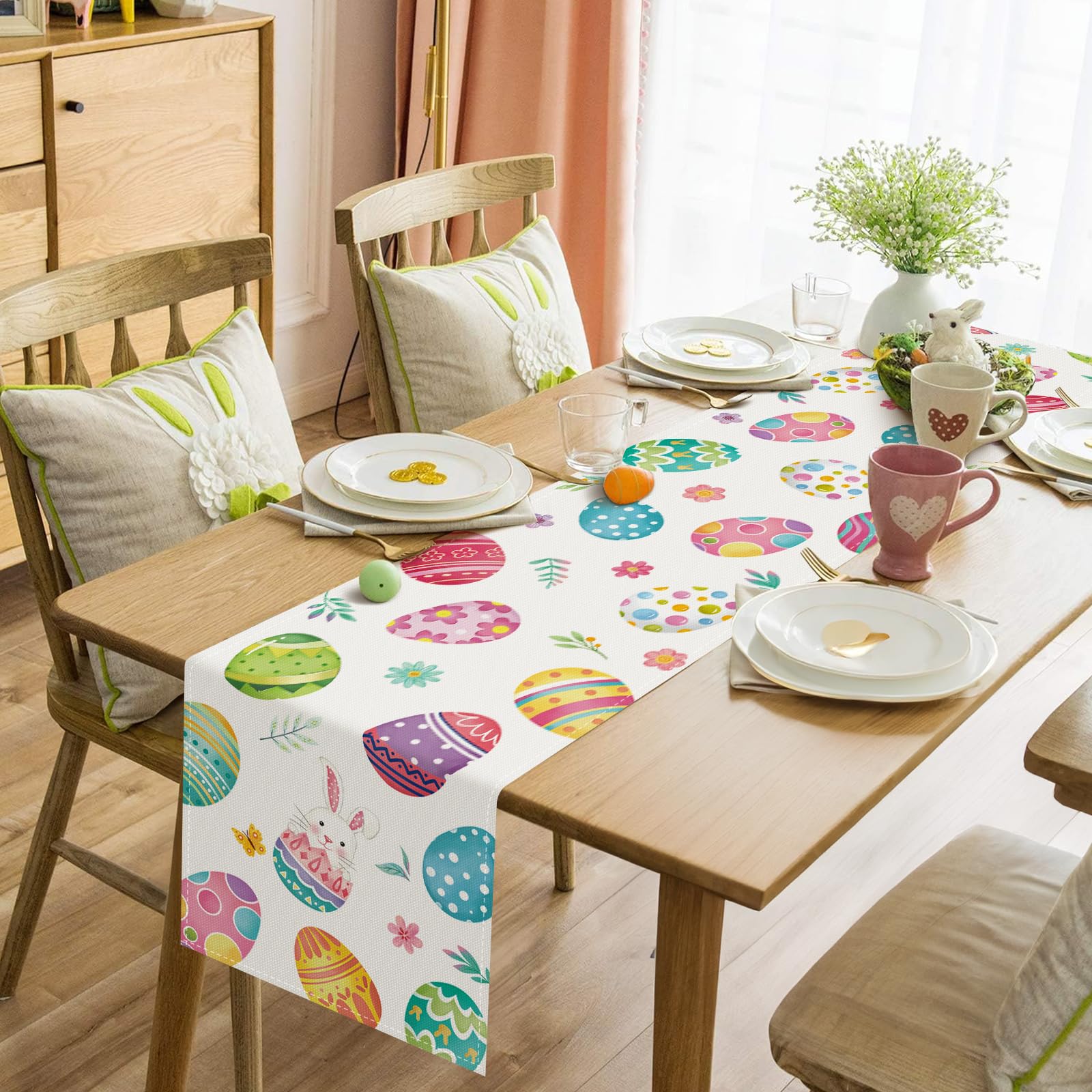 Runner Da Tavolo Pasquale In Lino - Stampa Coniglietti, 33x183cm, Decorazione Casa - Foto 2