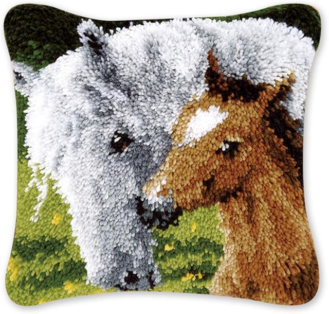 Coopay Animal Latch Hook Cushion Kit, Knitting Kits Cushion, Rug Making Kit for Starters, Latch Hook Kit for Beginners Adults or Children, Horse and Foal Latch Hook Kit 43x43cm/17x17 inch